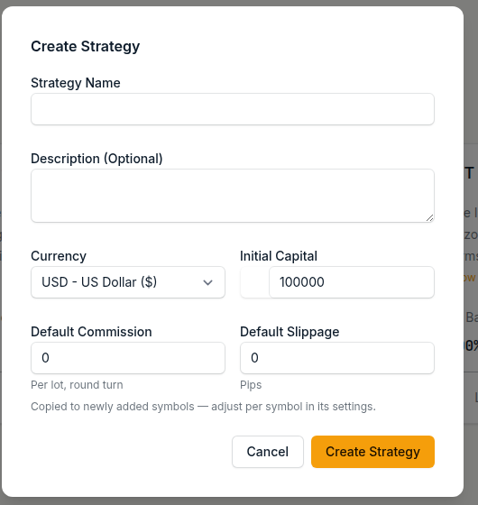 Create Strategy dialog where default commission per lot and default slippage in pips are set alongside currency and initial capital